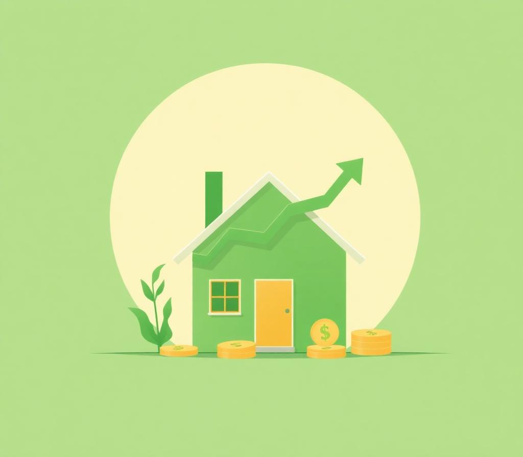 Illustration of a rental house with rising cash flow chart and coins